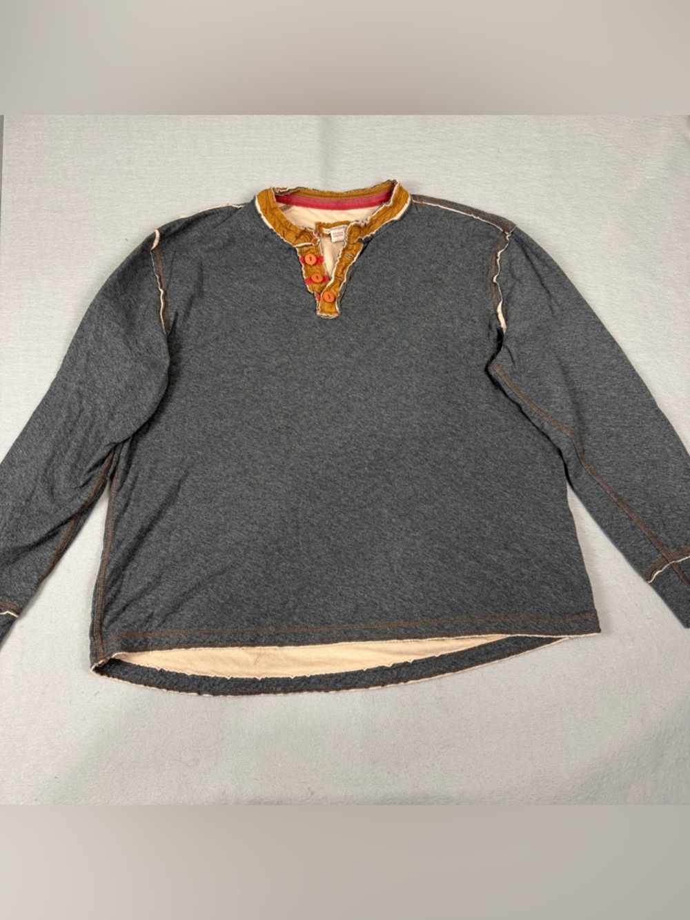 Carbon2Cobalt Mens Charcoal Gray Tan Henley Shirt Top Size XL